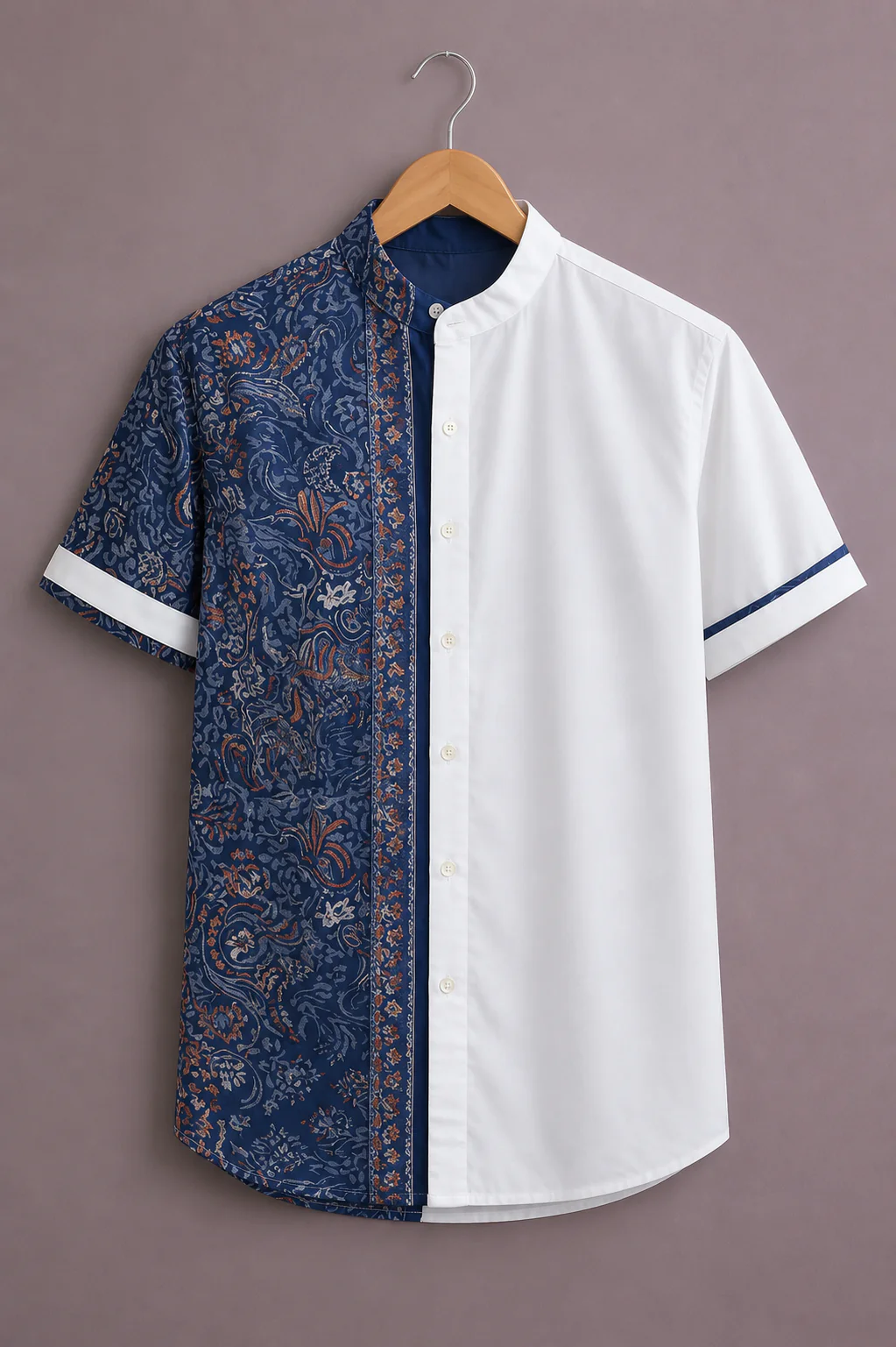 Clothlys Men's Half Sleeve Mandarin Collar Premium Casual Shirt – White & Navy Paisley Panel Design