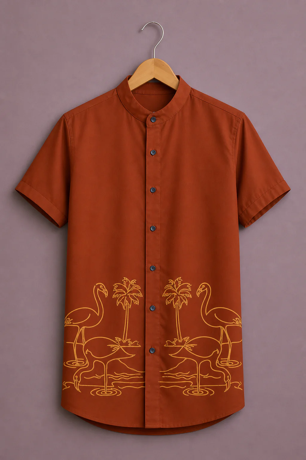 Clothlys Men's Premium Flamingo Graphic Printed Half Sleeve Mandarin Collar Casual Shirt – Rust Brown Designer Shirt