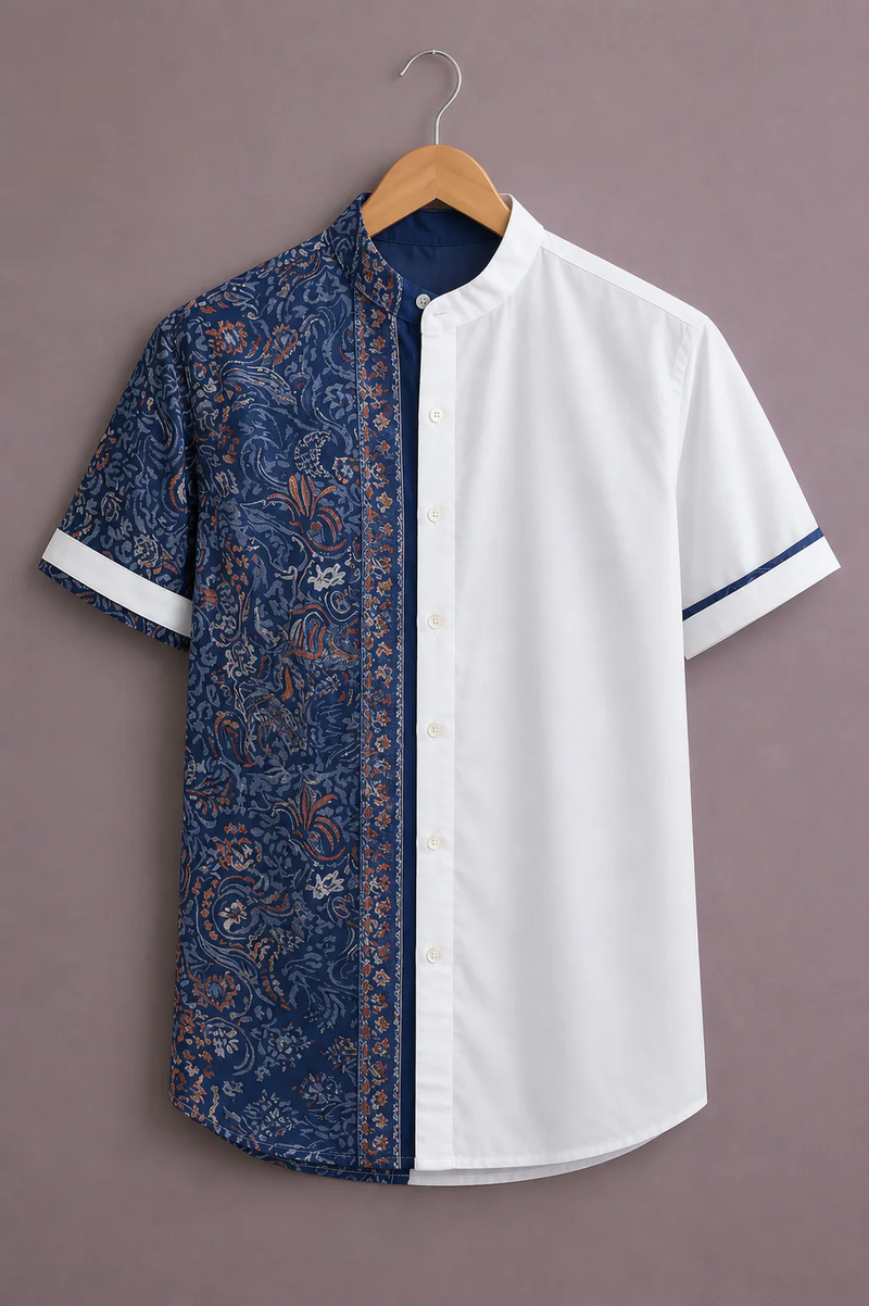 Clothlys Men's Half Sleeve Mandarin Collar Premium Casual Shirt – White & Navy Paisley Panel Design