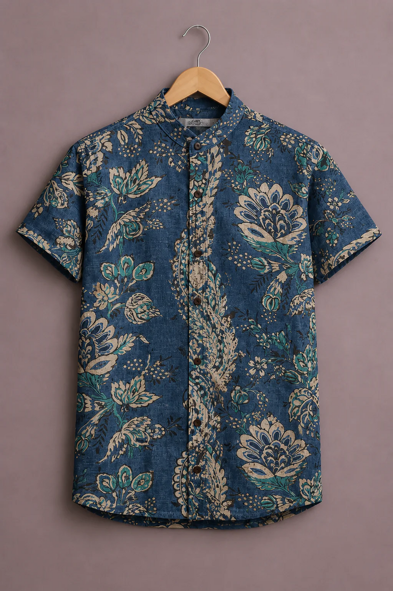 Clothlys Men's Premium Floral Printed Half Sleeve Casual Shirt – Blue Botanical Designer Shirt