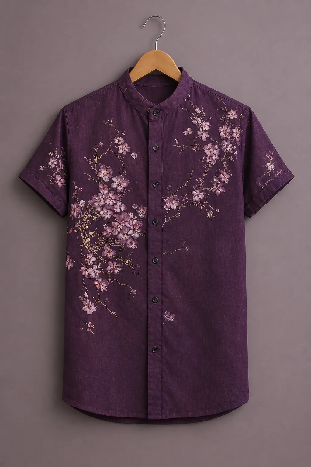 Clothlys Men's Premium Floral Printed Half Sleeve Casual Shirt – Wine Purple Mandarin Collar Designer Shirt