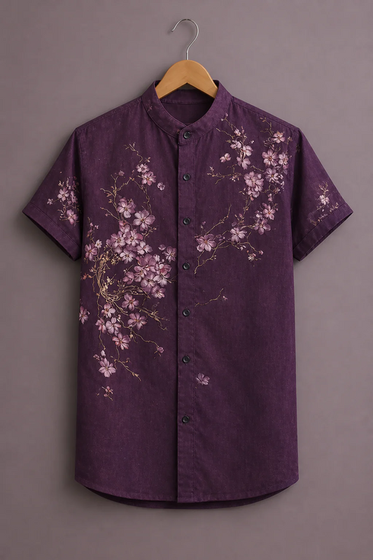 Clothlys Men's Premium Floral Printed Half Sleeve Casual Shirt – Wine Purple Mandarin Collar Designer Shirt