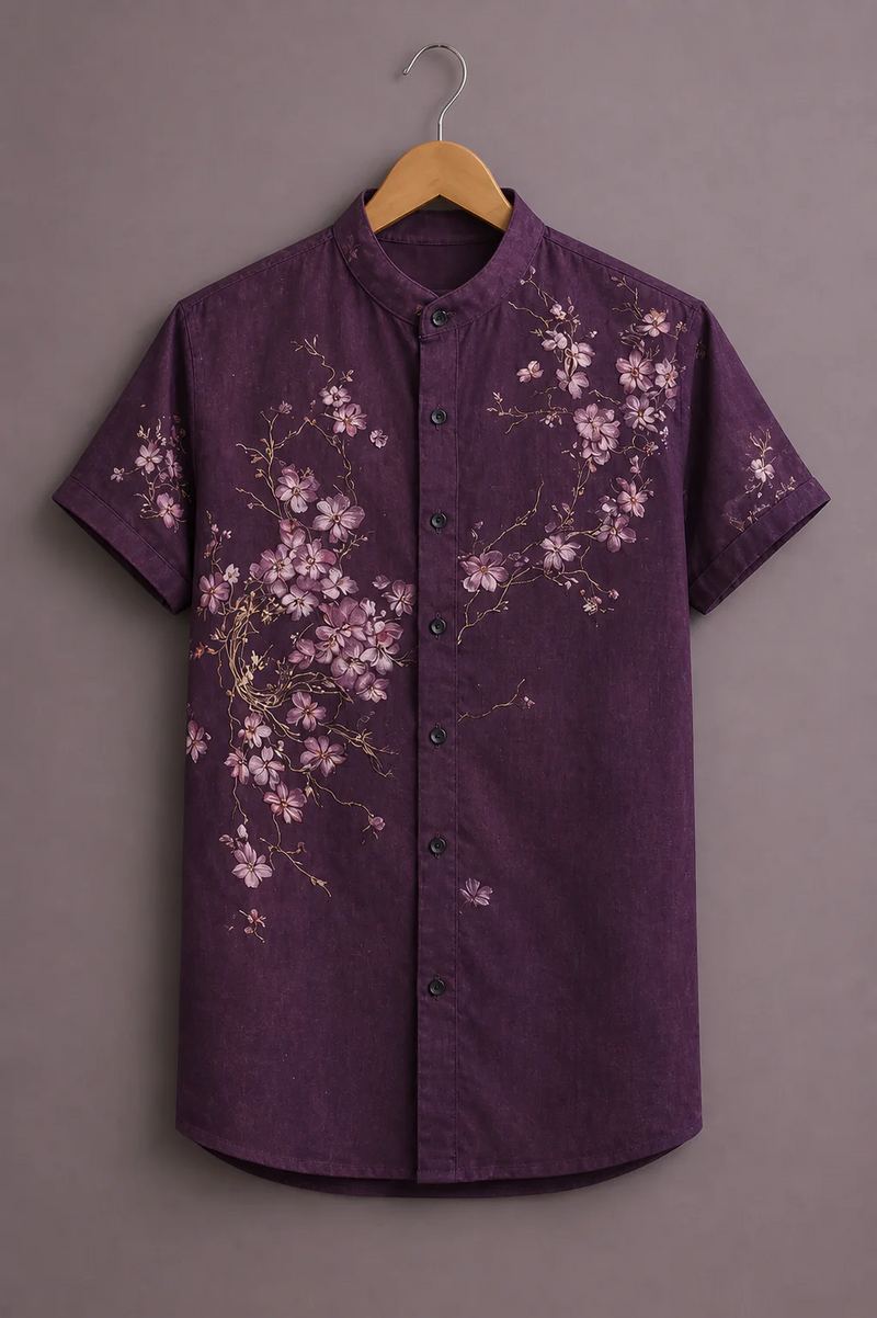 Clothlys Men's Premium Floral Printed Half Sleeve Casual Shirt – Wine Purple Mandarin Collar Designer Shirt