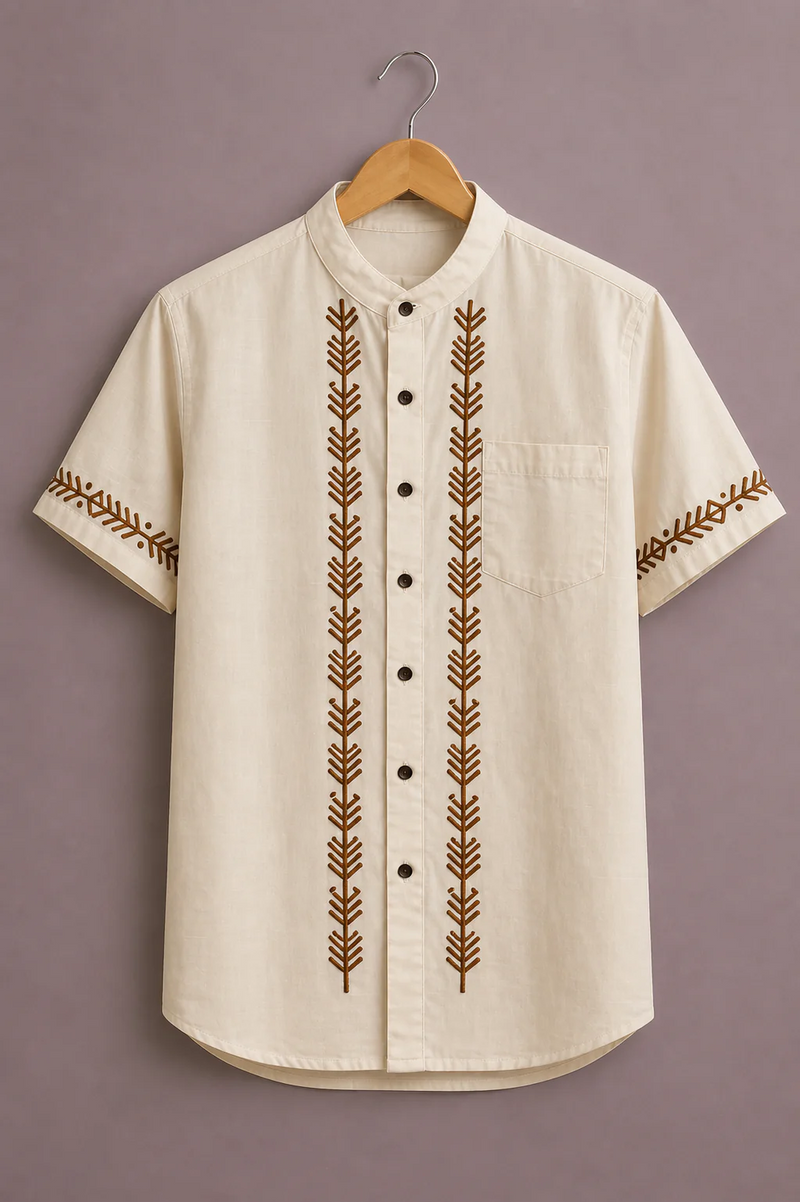 Clothlys Men's Premium Embroidered Half Sleeve Mandarin Collar Casual Shirt – Ivory White Designer Shirt