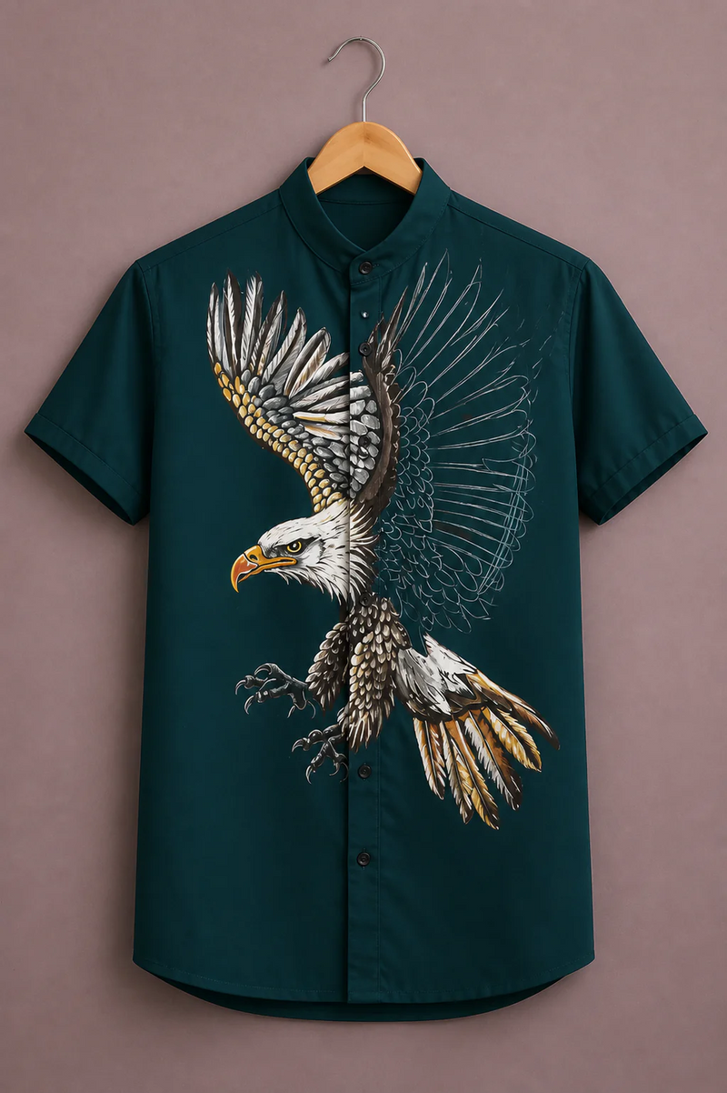 Clothlys Men's Premium Eagle Graphic Printed Half Sleeve Mandarin Collar Casual Shirt – Dark Teal Designer Shirt