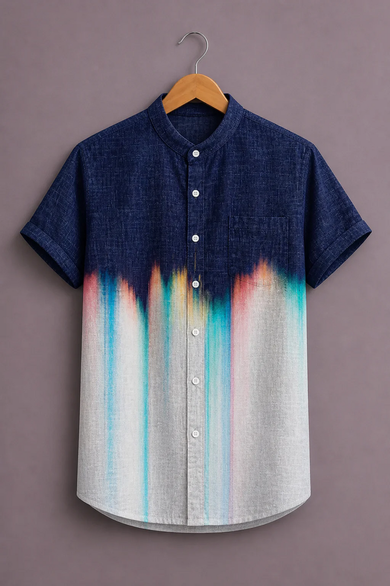 Clothlys Men's Premium Gradient Abstract Printed Half Sleeve Mandarin Collar Casual Shirt – Navy Blue Designer Shirt