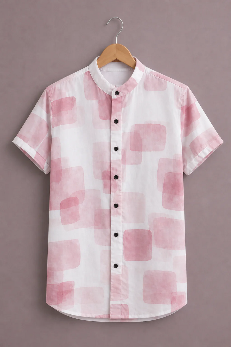 Clothlys Men's Premium Pastel Abstract Printed Half Sleeve Mandarin Collar Casual Shirt – White & Pink Designer Shirt