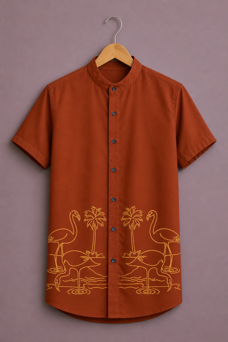 Clothlys Men's Premium Flamingo Graphic Printed Half Sleeve Mandarin Collar Casual Shirt – Rust Brown Designer Shirt